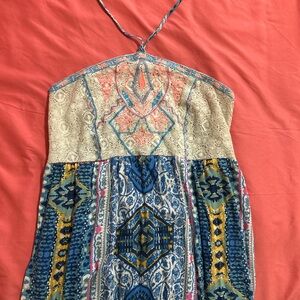 Colorful Boho Maxi Dress- Empire Waist, Crochet Lace Detail, Halter Ties- Size L